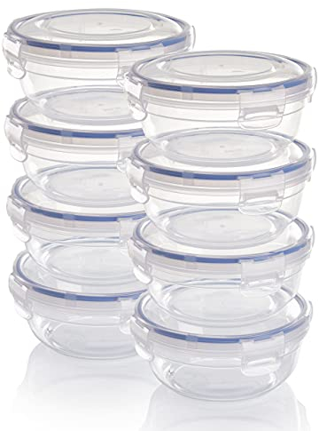 Grizzly set contenitori per alimenti in plastica, 8 contenitori con coperchio, piatti, rotondi, impilabili, lavabili nel microonde e in lavastoviglie