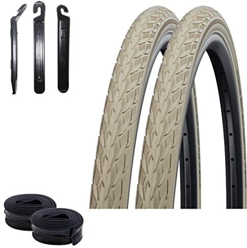 maxxi4you Fahrradreifen-Set / 2 x Schwalbe Delta Cruiser Plus 28 Fahrradreifen mit Reflex in Creme 40-635 (28 x 1 1/2) + 2 Schwalbe Schläuche DV17 inkl. 3 Reifenhebern