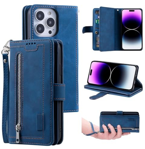 UEEBAI Hülle für iPhone 12/12 Pro, Retro Leder Klapphülle, Blau | Premium PU Handyhülle Magnetische Lederhülle mit 9 Kartenfächer Standfunktion Geldbörse Trageband Schutzhülle Wallet Case