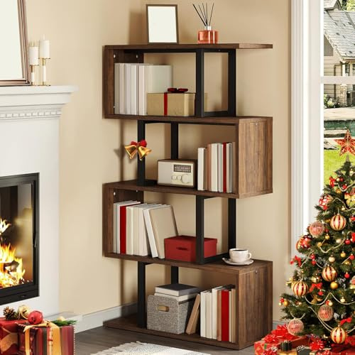 YITAHOME Libreria a 5 Livelli, a Forma di S, Scaffale a Z e Libreria, Industriale Autoportante Multifunzionale Decorativo Scaffalatura per Soggiorno, Casa, Ufficio, Retrò, Marrone