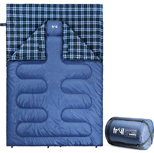Trail Luxury Double Sleeping Bag, Cotton Flannel Lined, Double Layer Fill, 3 to 4 Season, Envelope Sleeping Bag with Compact Compression Bag, 2 x Adult, 220cm x 150cm (300gsm)