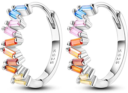 Hapour Tiny Rainbow Creolen 925 Sterling Silber | Eingelegte bunte Zirkonia-Huggie-Ohrringe für Frauen und Mädchen als Geburtstagsgeschenk – mehrfarbige Steine