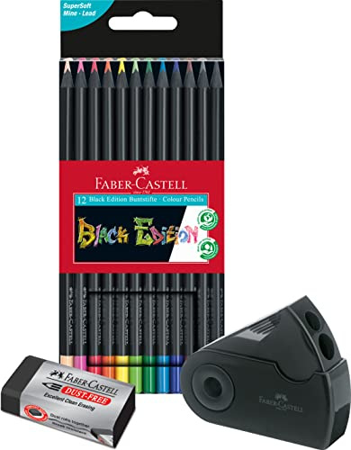Faber-Castell - Buntstifte Blackwood, Black Edition, 12er Etui, leuchtende Farben mit weichem Abstrich, schwarzes Holz (12er Malset) inkl. Spitzdose Sleeve und Radierer Edition Dust-free