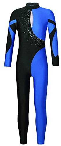 iEFiEL Mädchen Langarm Turnanzug Zweifarbig Ganzkörperanzug Sportlich Body Kinder Glitzer Gymnastikanzug Tanzkostüm Tanzanzug Wb Blau 146-152