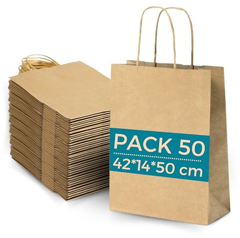 Set med 50 bruna kraftpapperspåsar med handtag 42 x 14 x 50 cm - shoppingväska bröllopsgåvor