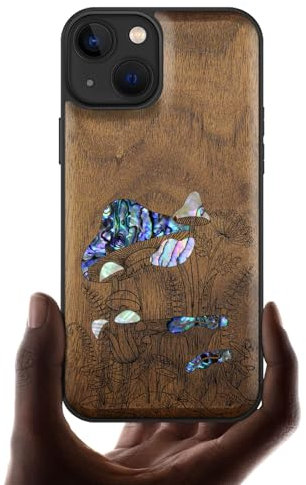 Carveit Bois Etui pour iPhone 13 Magnétique Coque, Incrustation de Coquille de Téléphone Antichoc Compatible avec Apple 13 Étui Magsafe (Noyer-Champignons millésimés)