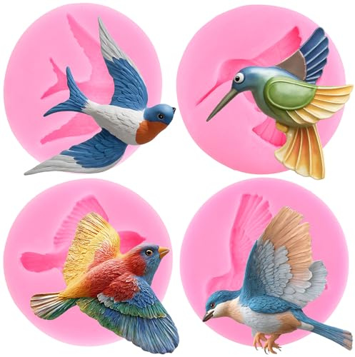 RFGHAC Lot de 4 moules en silicone 3D en forme d'oiseau pour décoration de gâteau, chocolat, bonbons, résine, argile