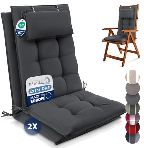 Beautissu 2er Set Premium Hochlehner Auflage mit Kopfpolster 120x50cm Sun-HL – 8cm Dick Polster Gartenstuhlauflage rutschfest Befestigungsbänder UV-Lichtechtheit 5 – Robust Stoff Uni Anthrazit