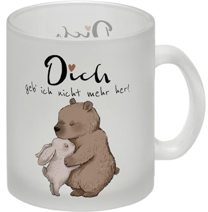 Hase und Bär Glas Tasse mit Spruch Dich geb ich nicht mehr her Perfekt für Paare Partner Liebe süßes Valentinsgeschenk mit Herz
