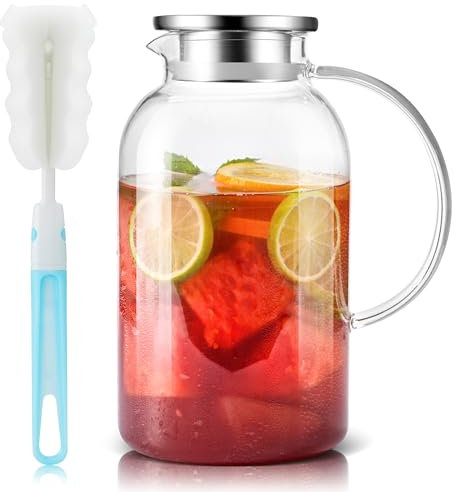 SUSTEAS Carafe en verre de 2,5 l avec couvercle, facile à nettoyer, résistante à la chaleur, avec poignée pour boissons chaudes/froides, eau, infusion froide, thé glacé et jus, avec brosse