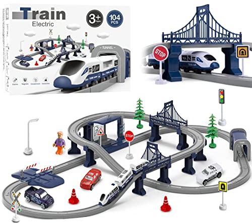 LZDMY Autorennbahn Eisenbahn 104 Stück Rennstrecke Spielzeug ab 3 Jahr, Kinderspielzeug Elektrisch Autobahn Kompatibel mit Brio-Schienen Geschenk für Kinder