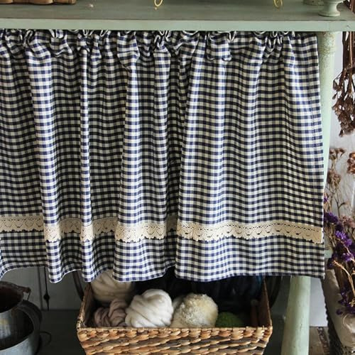 ZCXCsfp Tenda da cucina in cotone rosso bianco a quadri in stile rurale, mezza corta, a quadretti, mantovana per finestre piccole per bar, bistrot (blu a quadri, 200 cm (larghezza) x 40 cm (altezza)