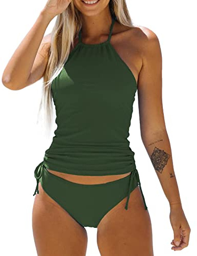 Two Piece Tankini Swimsuit for Women High Neck Tankini Top with Bikini Bottom Tummy Control Bathing Suits Beachwear (Green, M)