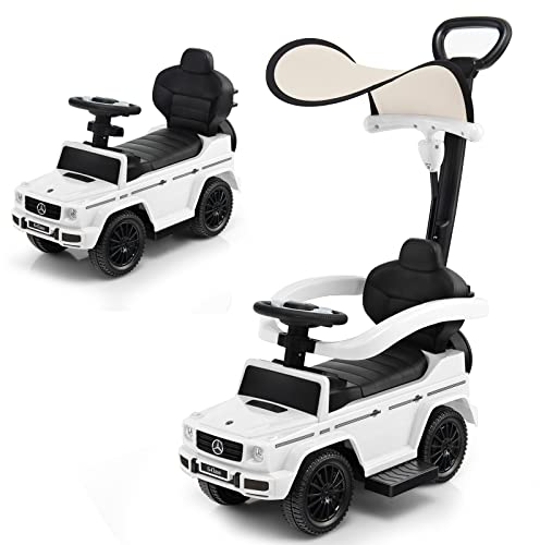 COSTWAY Mercedes Benz Rutschauto, 3 in 1 Rutscher Auto mit Sonnendach & Stauraum & abnehmbaren Schutzbügel & Schiebestange, Rutschfahrzeug mit Motorsound & Hupe, für Kinder ab 1 Jahr (Weiß)