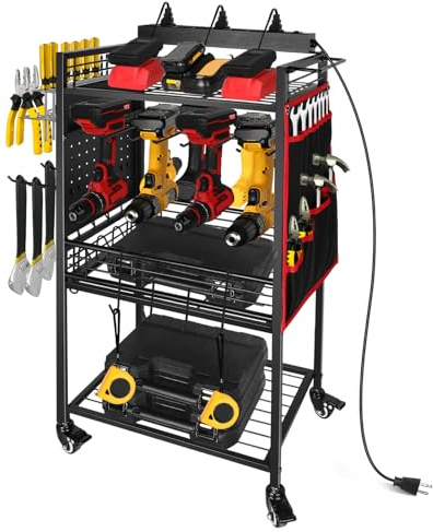 ElecVoztile Garage Power Tool Organizer Cart with Charging Station, Floor Stand Rolling Drill Holder and Tool Battery Storage Cart on Wheels, 3-Layer Utility Rack Shelf with 8 Outlet Power Strip,Black