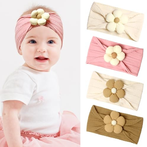 KU 4 Stück Baby Stirnbänder Blumen Haarband - Baby Mädchen Turban Mütze Weiches Elastische Haarbänder für Neugeborene bis 6 Monate