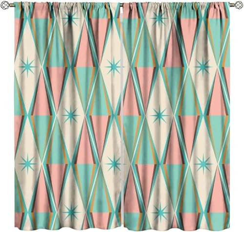 Vorhang Kinderzimmer Retro Bunte Geometrie Kinder Vorhänge Mit Ösen Polyester Gardinen Thermovorhang Blickdicht Ösenschal Kindergardinen 140X160 cm (B + H) Für Wohnzimmer,2Er Set-301953344