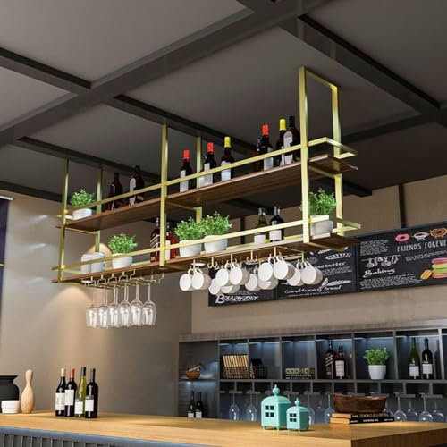 Portabottiglie Sospeso - Portabottiglie Sospeso A Soffitto - Portabicchieri Da Vino In Legno Massello Di Ferro Battuto, Portaoggetti Sospeso A Soffitto, Espositore Da Parete Vintage(Gold,100*30*80cm(3