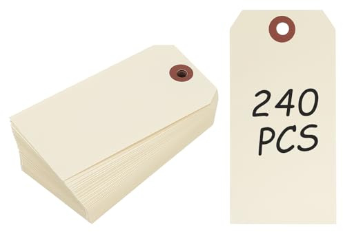 PATIKIL 240 st tomma fraktetiketter, 10 cm x 6 cm tjocka offsetpapper upphängningsetiketter pris presentetiketter etikett med förstärkt öljett hål för kläder garage gårdsförsäljning, krämig gul