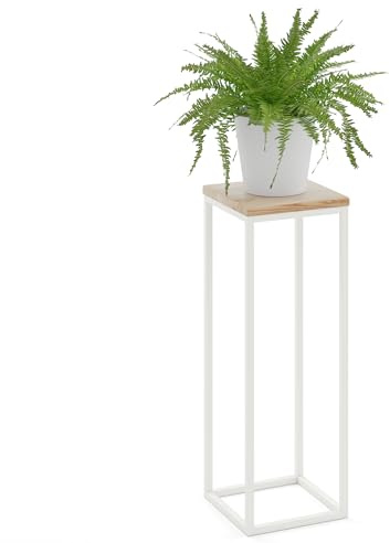 LAMO Manufaktur Blumenständer Weiss Metall | Pflanzenständer Holz mit Natur Farbe | Blumenhocker hoch 70 cm für Zimmerpflanzen | 100% Echtholz | Sockel für Wohnzimmer Dekoration