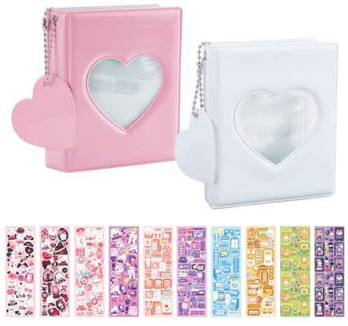 NICENEEDED PhotoCard Holder Set, Love Heart Hollow Photocard Binder 2 Pack Mini Photo Album 32 Pockets, Kpop Photocards Holder Book With Stickers for Collecting Photos Pictures