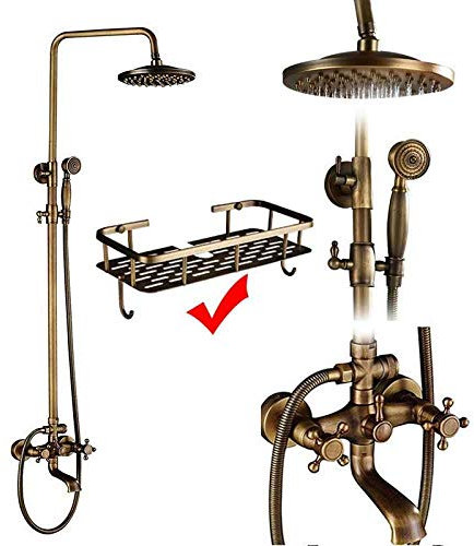 LYLXSF Shower system Brass Antique Shower Faucets Set Porcelain Ceramic Shower Column Swivel Rotate Bath Spout Dual Knobs Mixer Tap Bath Shower Kit,Antique Brass D01