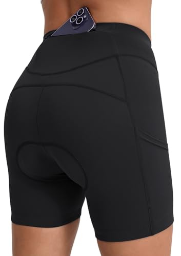 BERGRISAR Pantalones cortos de ciclismo acolchados 4D para mujer, con 3 bolsillos, pantalones cortos de ciclismo, Negro, Large
