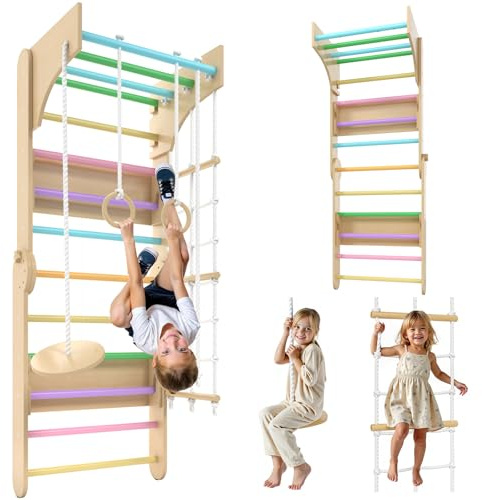 Sprossenwand Kinderzimmer Holz 7-in-1 Kletterwand – Indoor Klettergerüst mit Schaukel, Turnringen, Strickleiter, Kletterseil & Turnstange – Spiel & Motoriktraining Zuhause