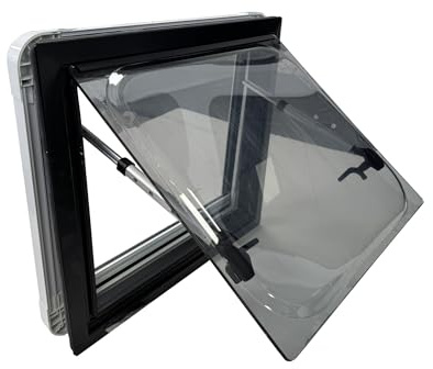 Fenêtre à charnière SWISS OUTDOOR 800x500 en verre acrylique, certifié ECE R43, double vitrage, volet roulant et moustiquaire, cadre blanc, isolé, pour camping-car, van, fourgon, fenêtre pour