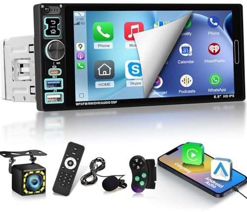 Autoradio 1 DIN con schermo, 6,9 IPS Touchscreen, CarPlay e Android Auto, Bluetooth 5.2, DSP Audio, Radio FM, USB & Type-C, Comandi al Volante + Telecamera Retromarcia, Microfono e Telecomando