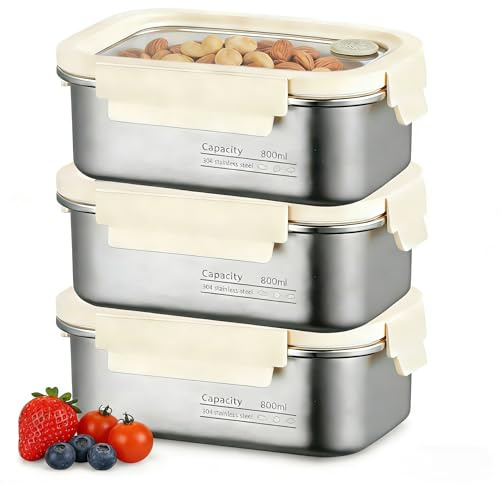 SUNOYA Juego de 3 recipientes herméticos con tapa, 800 ml, de acero inoxidable, con tapa, herméticos, recipientes a prueba de fugas con ventana y cierre al vacío