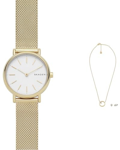 Skagen Damen Signatur Lille Goldfarbene Edelstahl Uhr und Goldfarbener Geschenkset