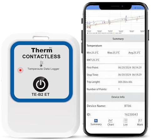 ThermElc TE-B2 Bluetooth Temperaturlogger, wiederverwendbarer, kontaktloser Datenfluss über 30 m für versiegelte Behälter, Datenvergleich mehrerer Geräte für Kühlkettenüberwachung und Lagerkartierung