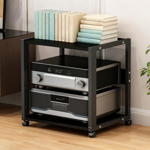 SOFACHEN 2/3-stöckiges HiFi-Rack, Center Schallplattenständer, Modernes Stereo-Receiver Mit Universalrädern Audio, Beistelltisch Holz Für Wohnzimmer Für Wohnzimmer, Spielzimmer(Style 1)