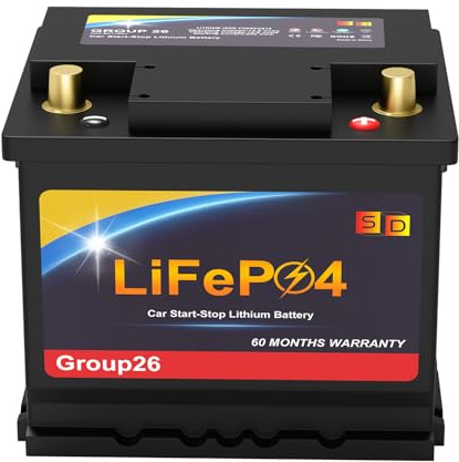 Lithium Car Battery 12V Group 26 512WH 600CCA LiFePO4 Start and Stop Automotive Battery For Car, Dimensions 8.14 L x 6.88 W x 7.08 H
