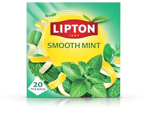 Lipton Smooth Mint Herbal Tea, 20 Teabags, Caffeine Free & Refreshing | For a cooling cup, aromatic lemon peel infusion, enjoy hot or iced, Rainforest Alliance certified pyramid bags