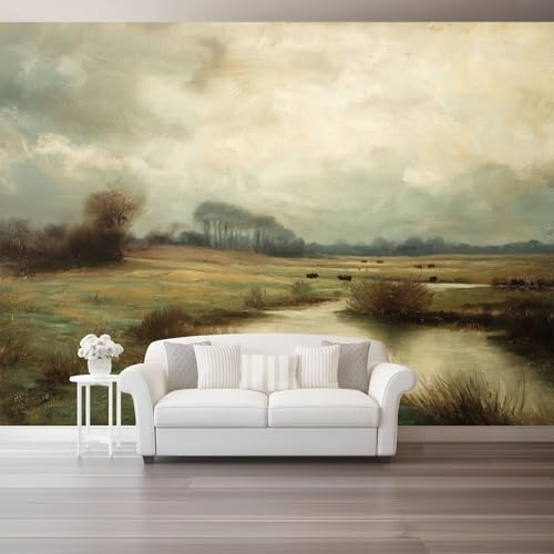 Fototapete Vintage Mid-Century Modern Landschaft - Beige Tapeten Wanddeko 300 x 210 cm Wandbild Moderne Wandtapete Büro Flur Vlies Tapete Wohnzimmer Schlafzimmer Dekoration