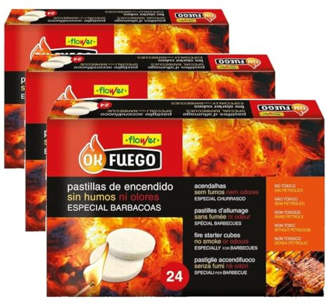 Flower - Pastillas de Encendido OKFuego 24 Unidades | Barbacoa Limpia sin Humo ni Olores | No Tóxicas Sin Parafina | Multicolor (Paquete de 3)
