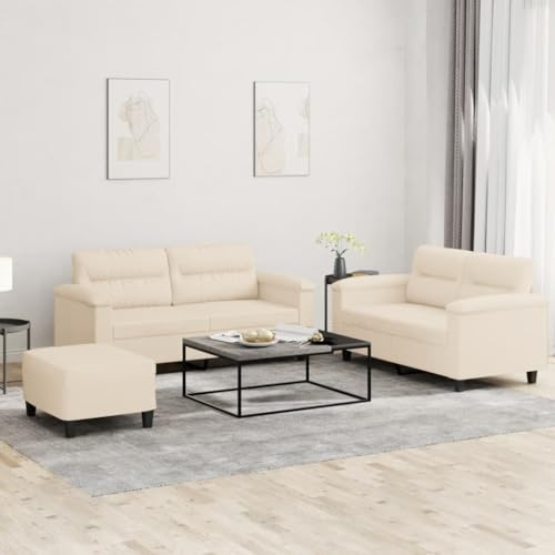 Ordellia 3-TLG. Sofagarnitur Beige aus Mikrofasergewebe, inklusive Kissen, Robustes Wohnzimmer-Möbel-Set für bequemes Sitzen, vielseitige Couch mit Fußhocker