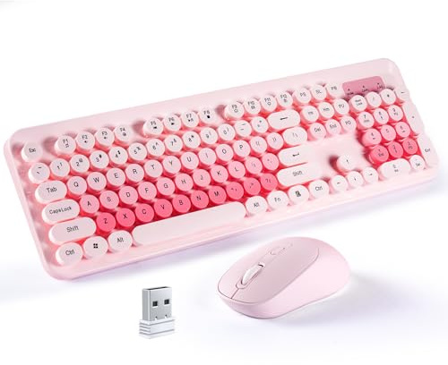 kantaj K73 Wireless Keyboard and Mouse Combo, 2.4GHz Full-Size Typewriter Keyboard, Retro Round Keycaps, One USB Receiver, Pink Cute Keyboard for PC/Laptop, Ergonomic Design, US Layout, Mixed Color