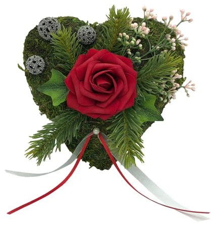 Grabgesteck Grabschmuck Grabaufleger Moosherz Grabherz Trauerherz Grab Herz Gesteck und Rose (Rose Rot)