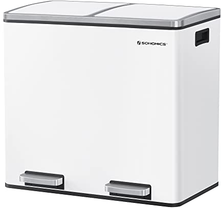 SONGMICS Mülleimer, Abfalleimer, Mülltrennsystem mit 2 Fächern, Treteimer für die Küche, 2 x 24 L, Softclose, Inneneimer aus Kunststoff, mit Fußpedalen und Handgriffen, weiß LTB48WT, 58.5x32x54.5cm