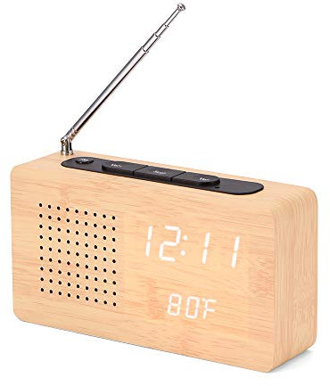 Radio-réveil numérique, horloge FM en bois avec commande vocale et fonction de gradation automatique, blanc
