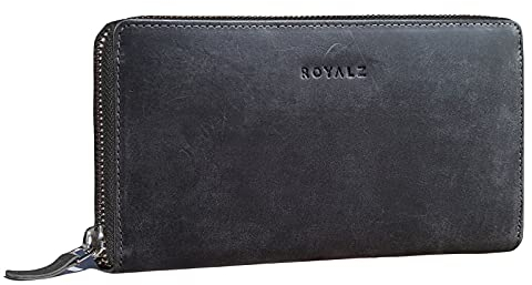 ROYALZ 'Lilly' Vintage Portemonnaie Damen Groß mit Reißverschluss Büffel-Leder RFID Schutz Frauen Geldbörse Querformat, Farbe:Navy Grau
