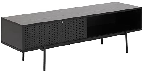 AC Design Furniture Augusta TV-Tisch mit Schiebetür, H: 44,5 x B: 140 x 40 cm, Schwarz/Esche Schwarz, Melamin/Metallgitter, 1 Stk.