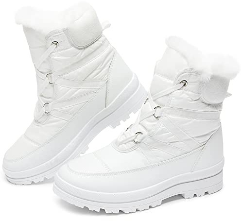 BABUDOG Womens Warm Fur Lined Mid-Calf Boots Waterproof Winter Snow Boots Non-slip Lace up Combat Boots(White.US10)