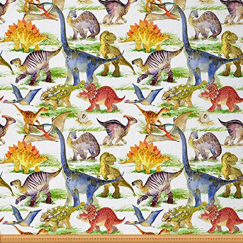 Stoff mit Kawaii Dinosauriern Meterware Schöner Dinosaurier Dekostoff Geschenk für Mädchen Jungen Teenager Zum Nähen Von Kleidung Niedlicher Tier Polsterstoff Blau Gelb 92 x 150 (HxB)