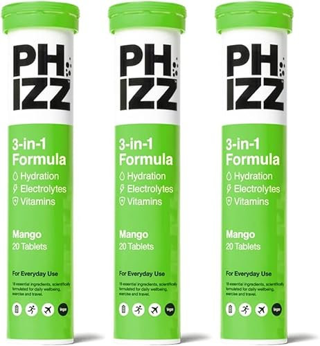Phizz Electrolytes, Multivitamines & Comprimés d'hydratation - 60 comprimés de réhydratation effervescents - 18 vitamines et minéraux, vitamine C, végane, végétarien et hypocalorique (Mangue)