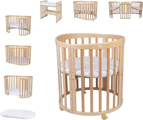 Waldin Oval Baby-Bett Mitwachsend Komplett Set 7in1, Gitterbett, Kinderbett mit Matratze, Wickelkommode, Beistellbett, Holz Natur