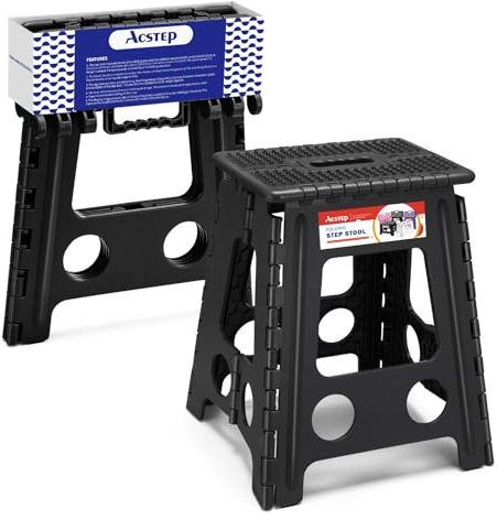ACSTEP 16 Inch Folding Step Stool for Adults and Kids, Non-Slip Plastic Foldable Stepping Stool, Collapsible Folding Stool with Handle Holds Up to 400lbs for Kitchen, Dot Black (1 Pack)